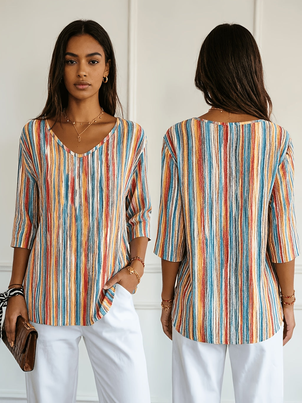 Beatrix | Casual Damesblouse – Gestreepte Losvallende Blouse met V-Hals en 3/4 Mouwen