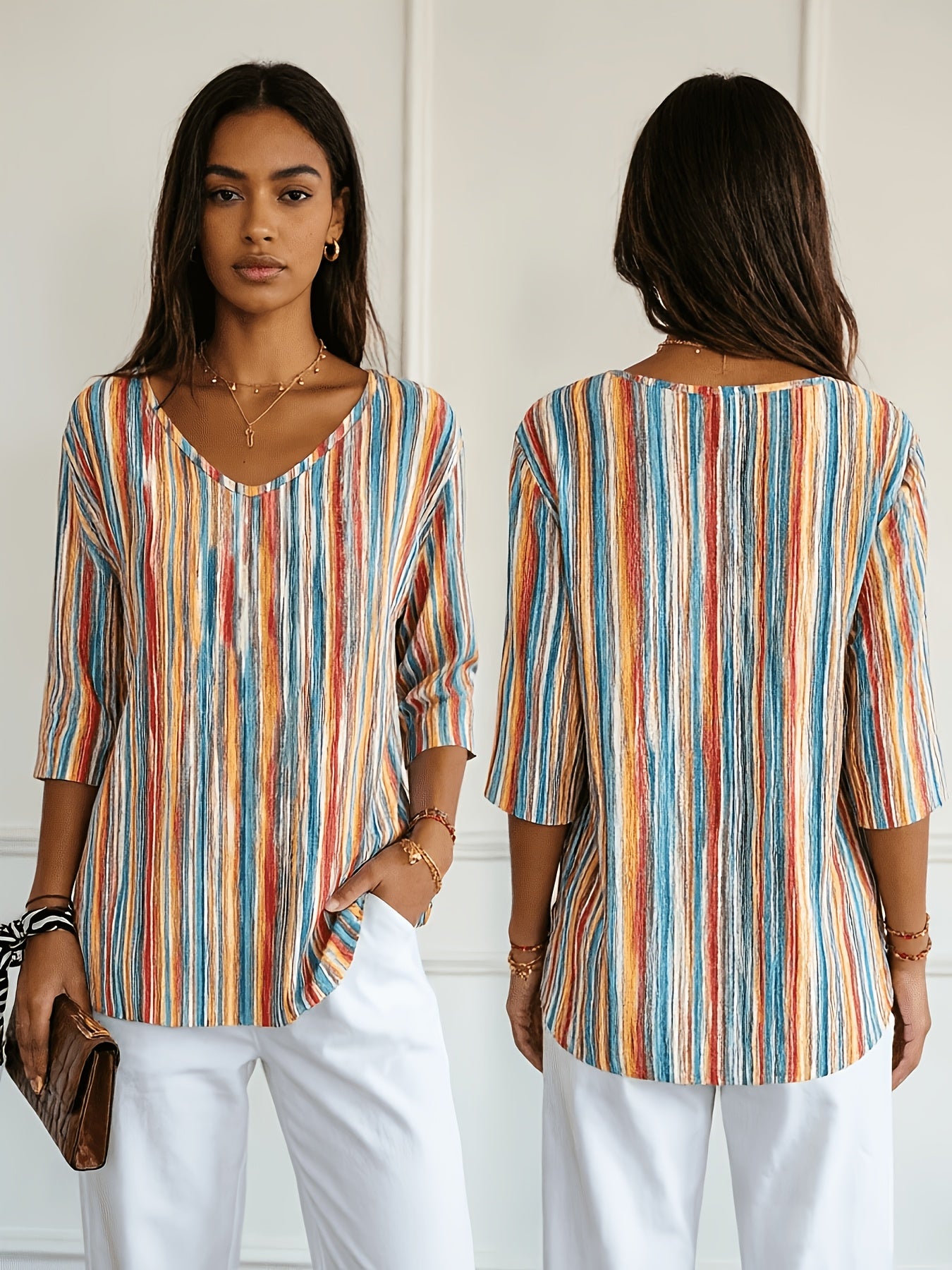 Beatrix | Casual Damesblouse – Gestreepte Losvallende Blouse met V-Hals en 3/4 Mouwen