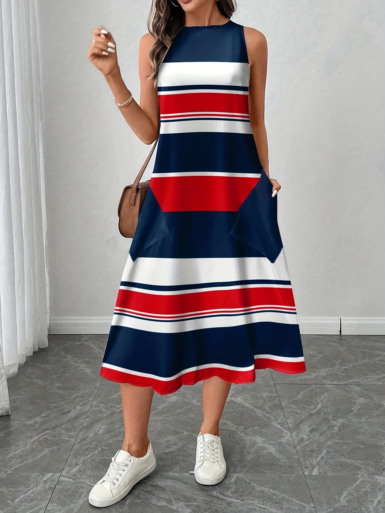Rainelle | Casual A-lijn jurk voor dames – Gestreepte, mouwloze midi-jurk met print