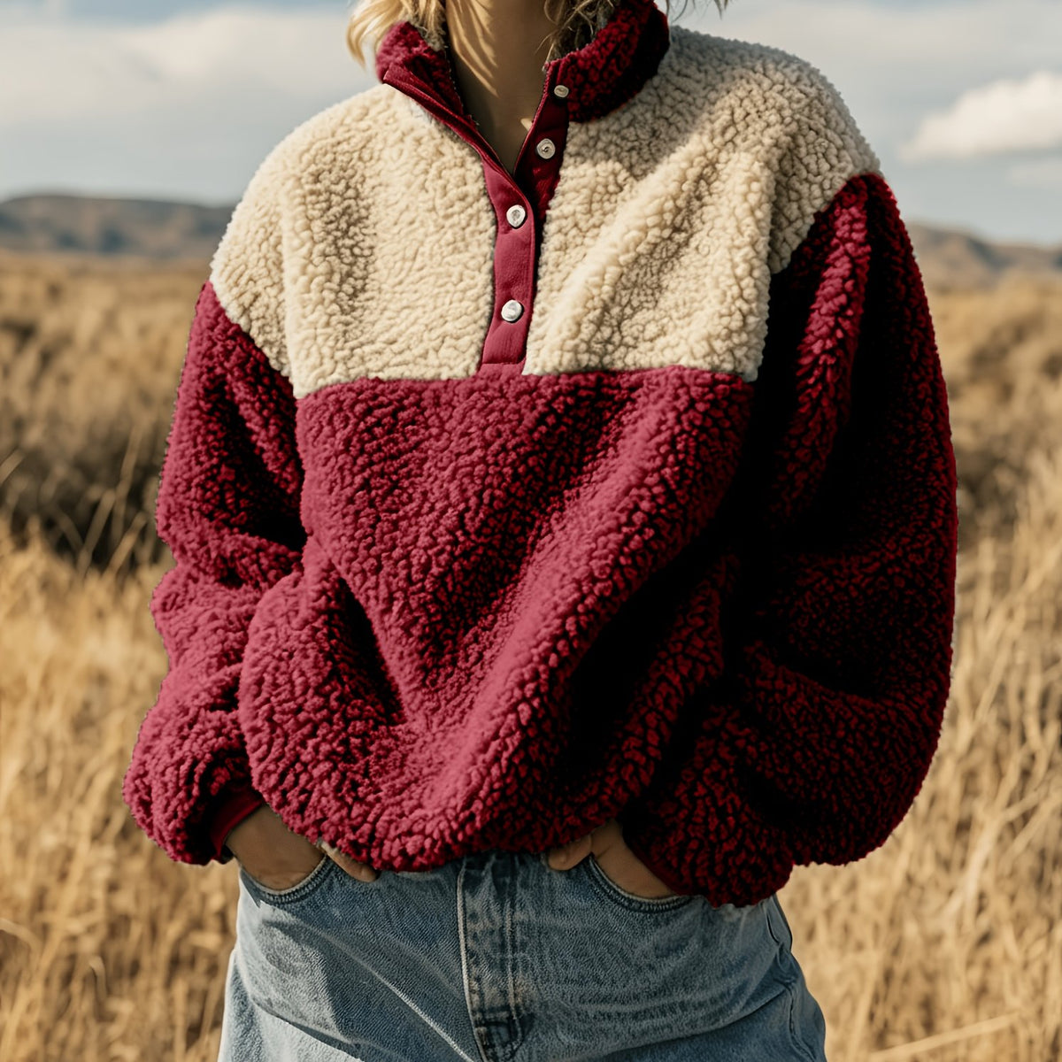 Anoria | Dames zachte color-block sweater – Halve knoopsluiting aan de voorkant