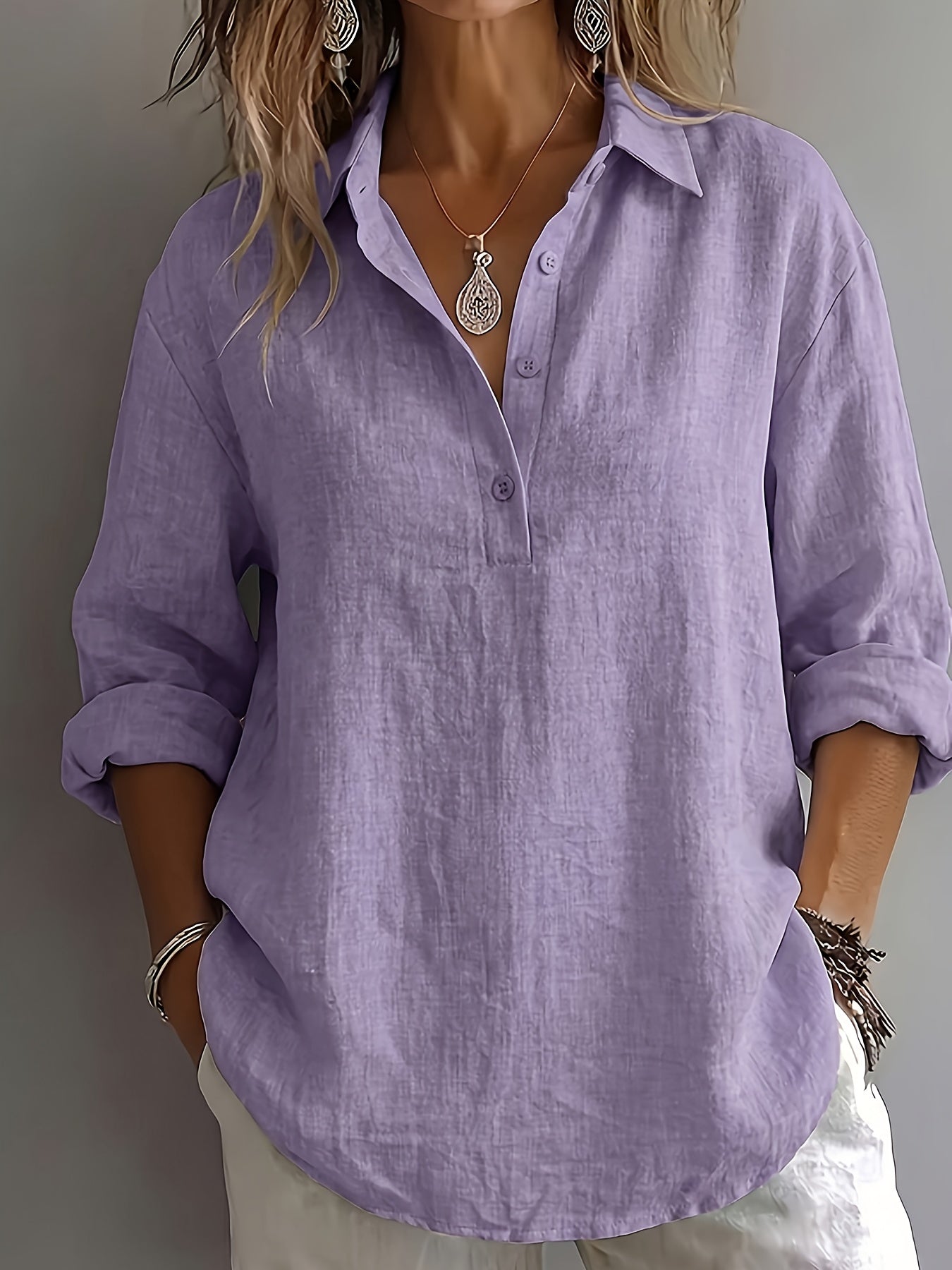 Lilou | Damesblouse met lange mouwen – Loszittend overhemd met kraag en knopen