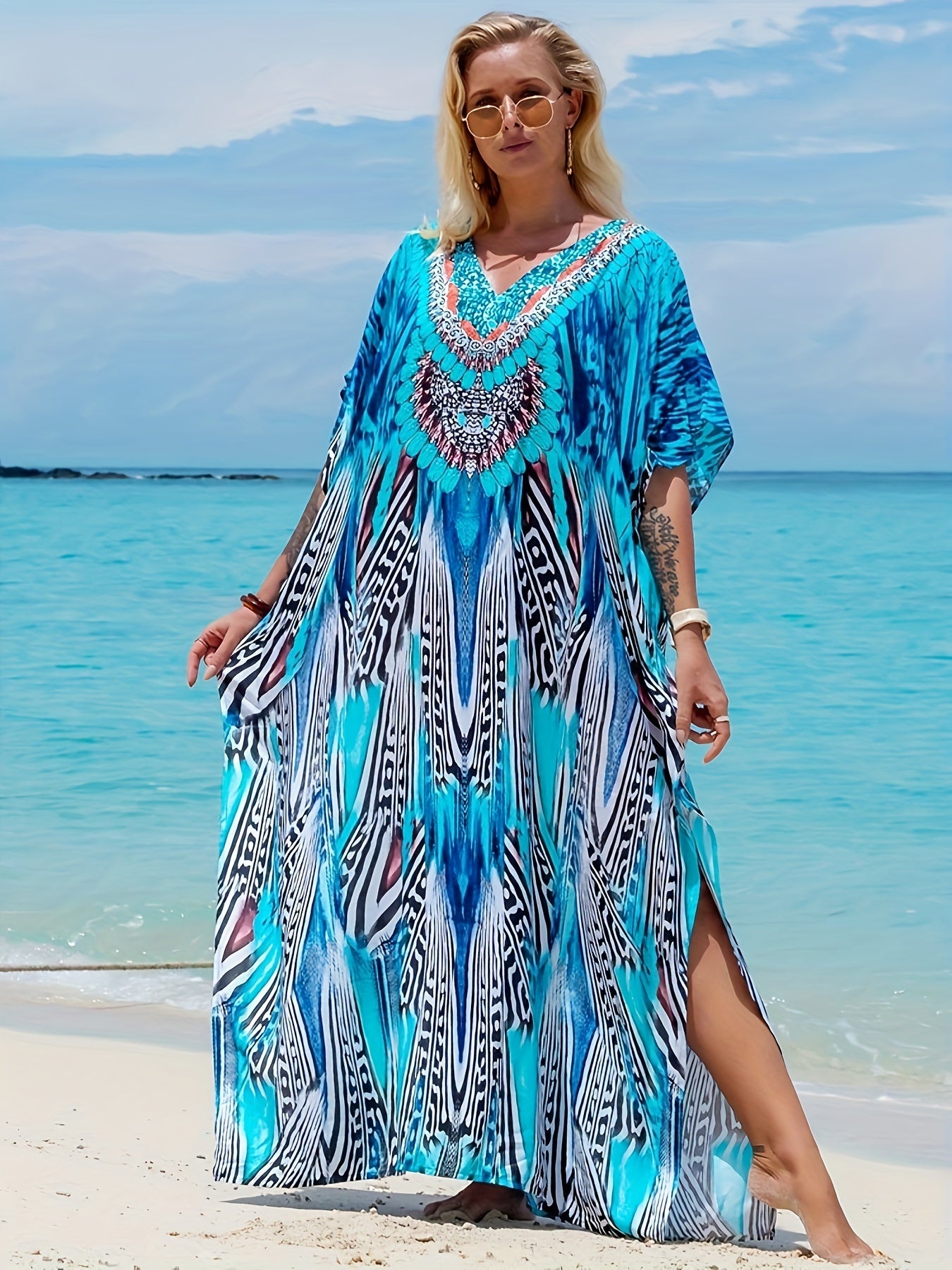 Hattie | Boho-maxi-jurk met bloemenprint voor dames – Lichtgewicht kaftan met V-hals