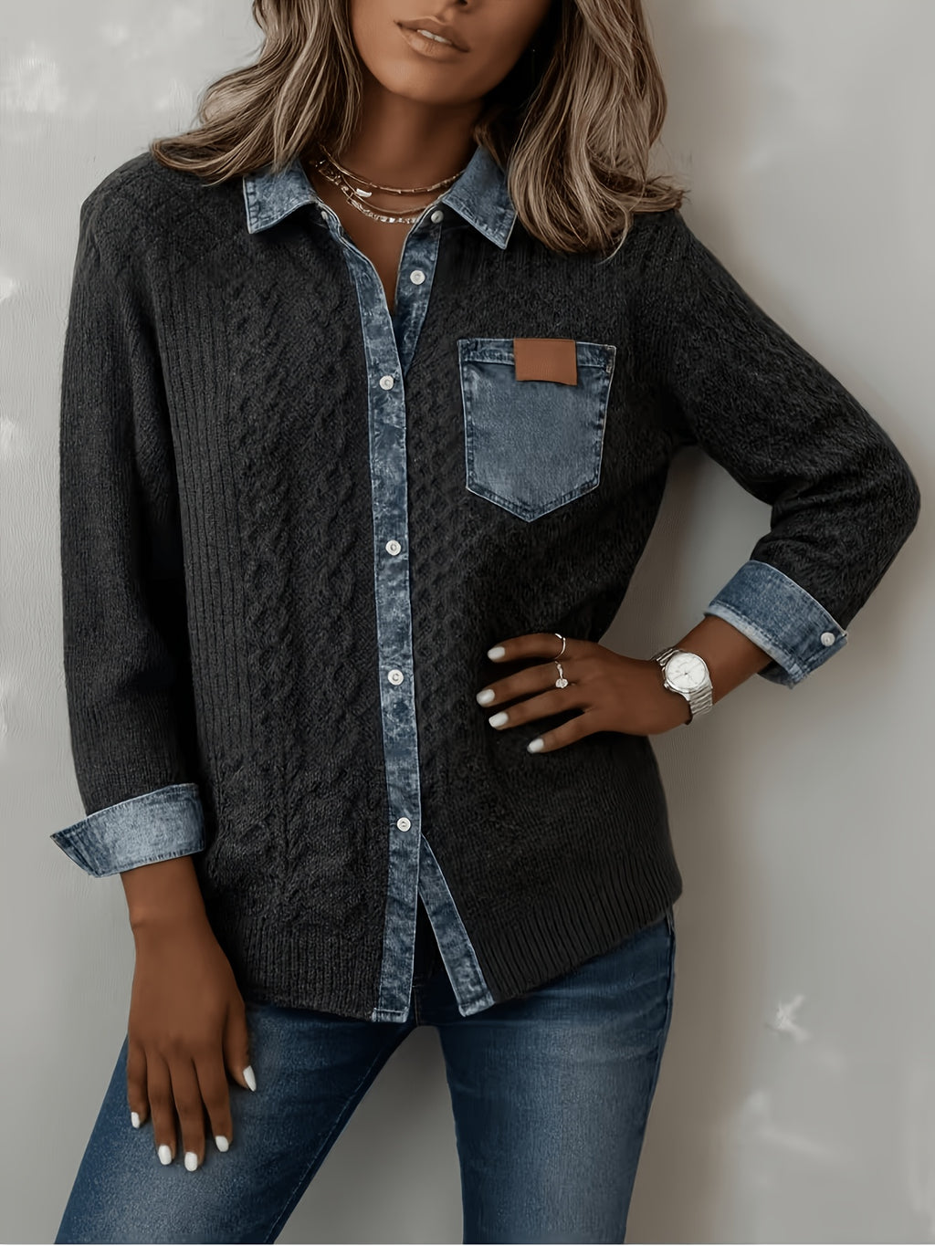 Leora | Damestrui van faux-denim jacquard – Trui met lange mouwen en print