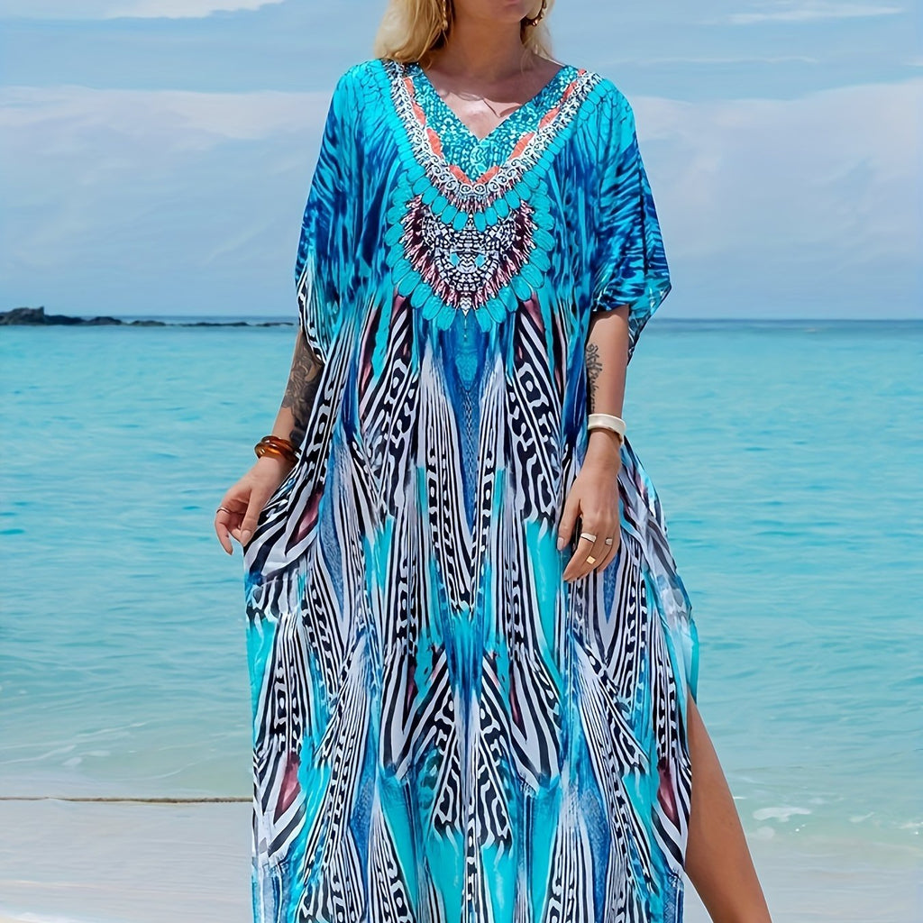 Hattie | Boho-maxi-jurk met bloemenprint voor dames – Lichtgewicht kaftan met V-hals