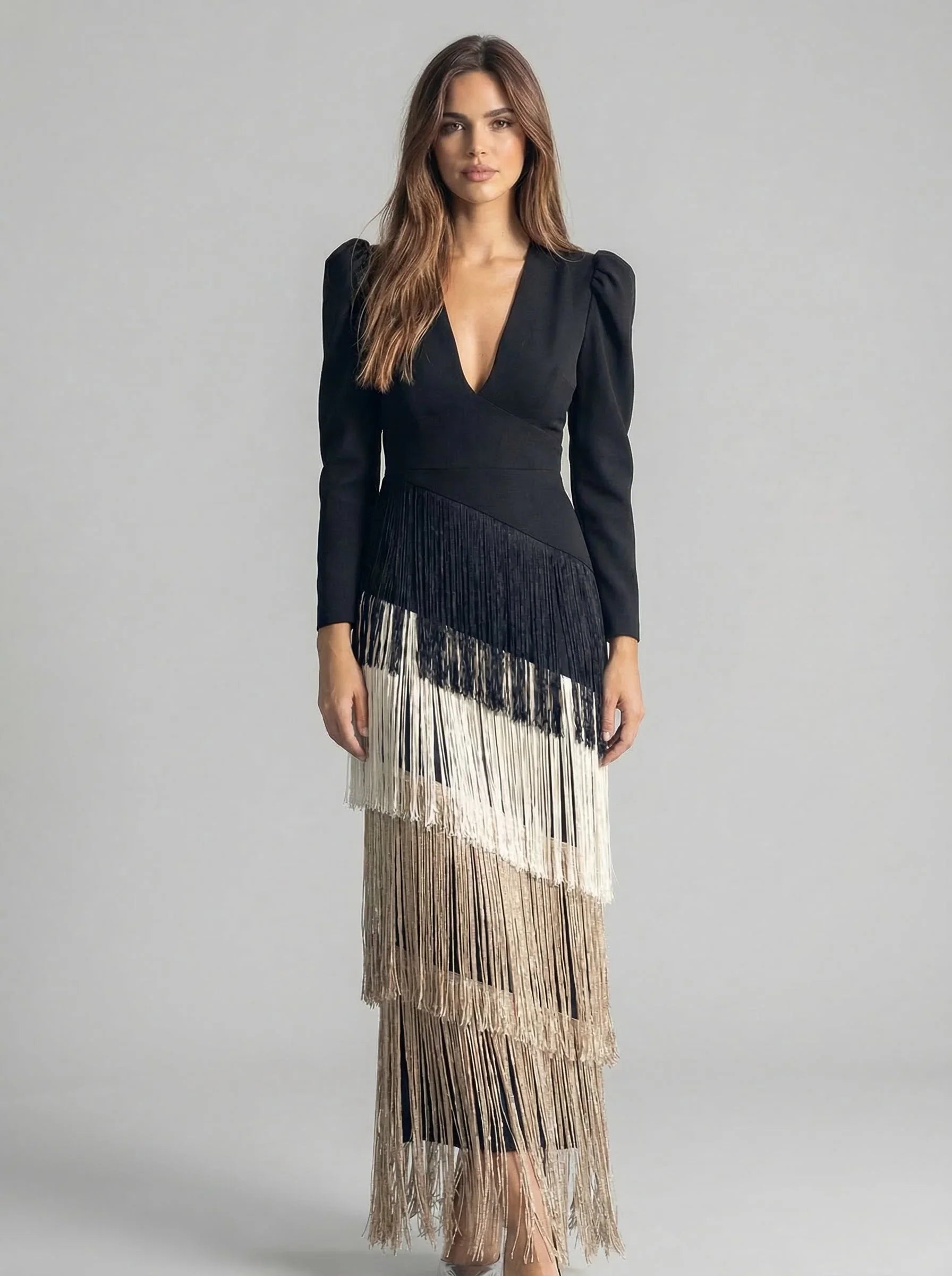 Tansy | Damesjurk met franjes – Elegante midijurk met lange mouwen