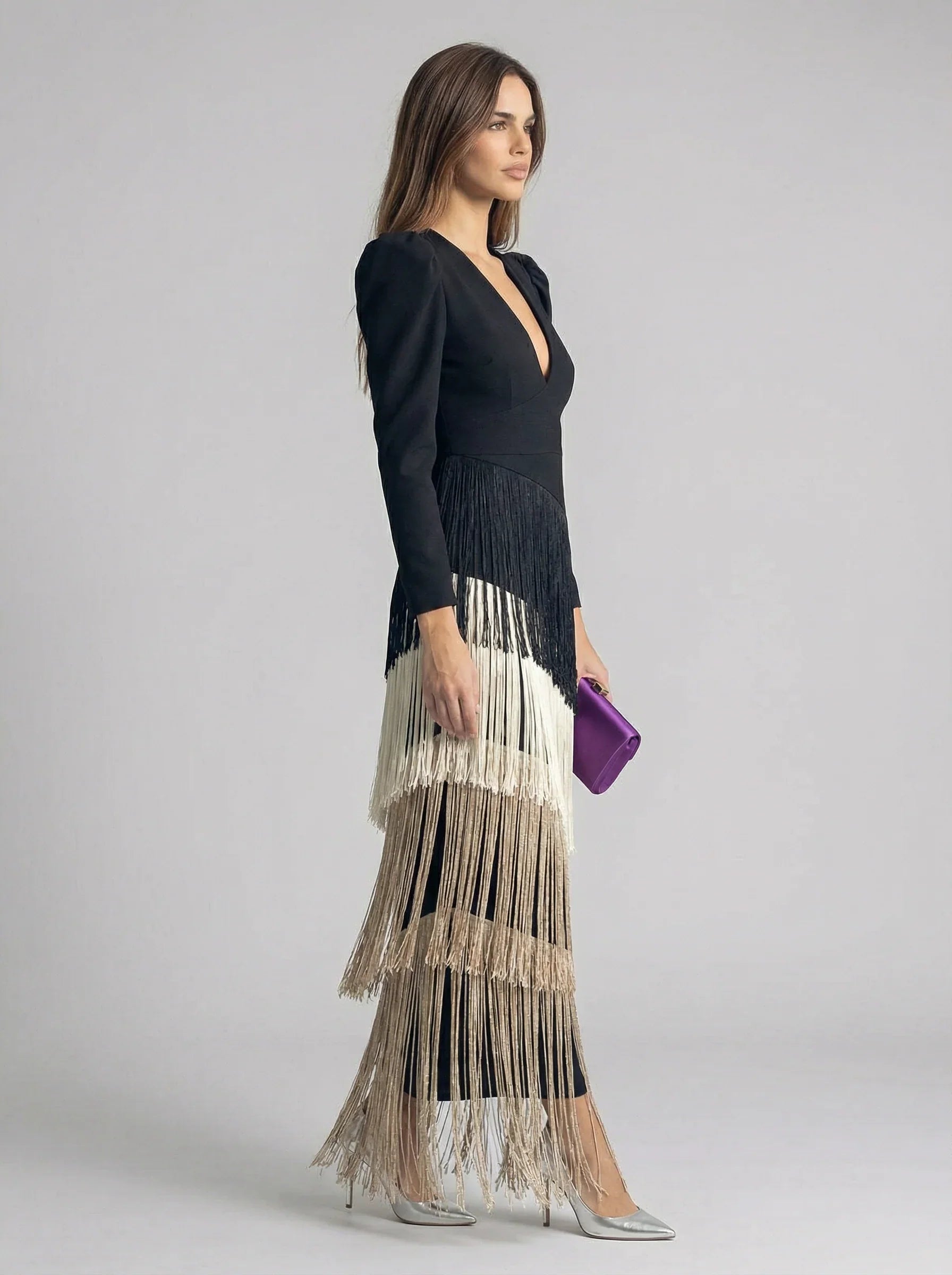 Tansy | Damesjurk met franjes – Elegante midijurk met lange mouwen