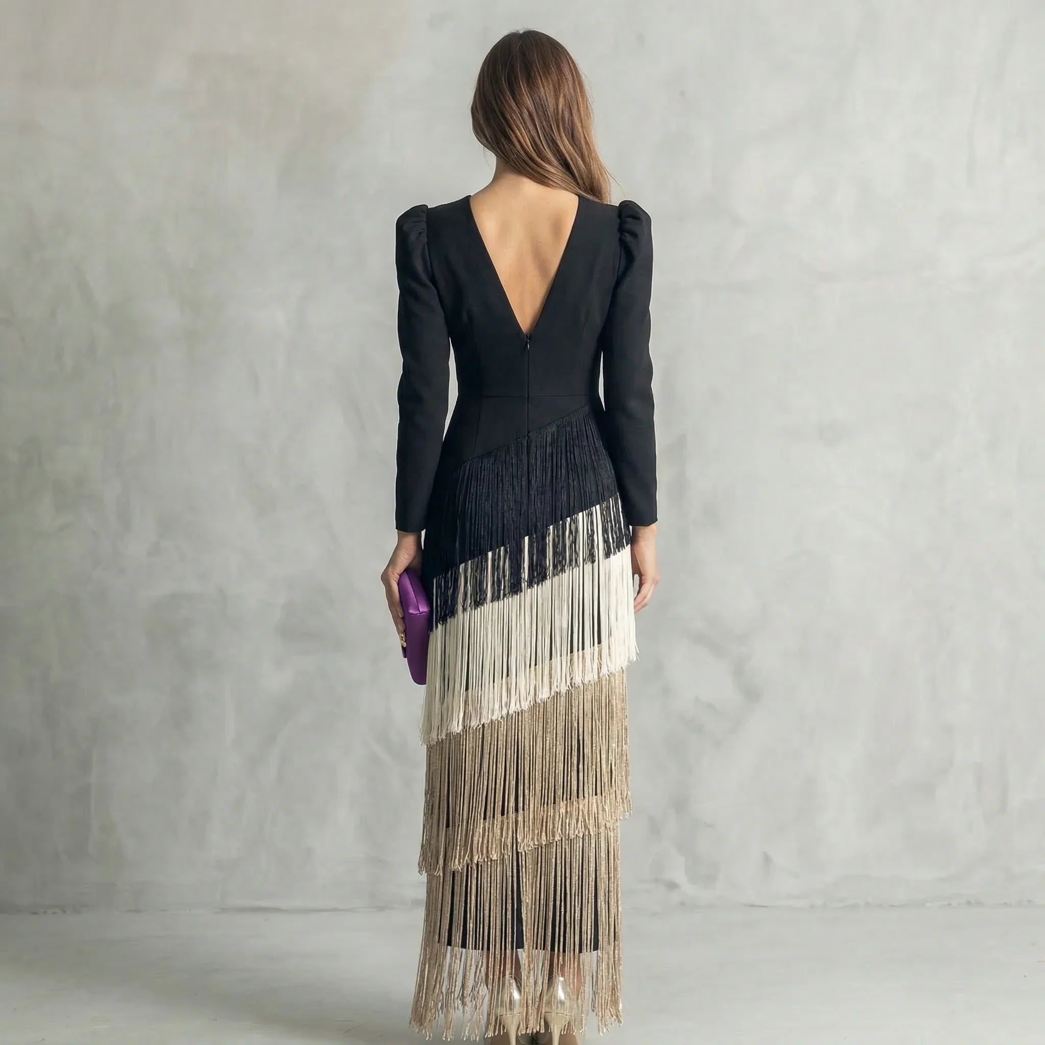 Tansy | Damesjurk met franjes – Elegante midijurk met lange mouwen