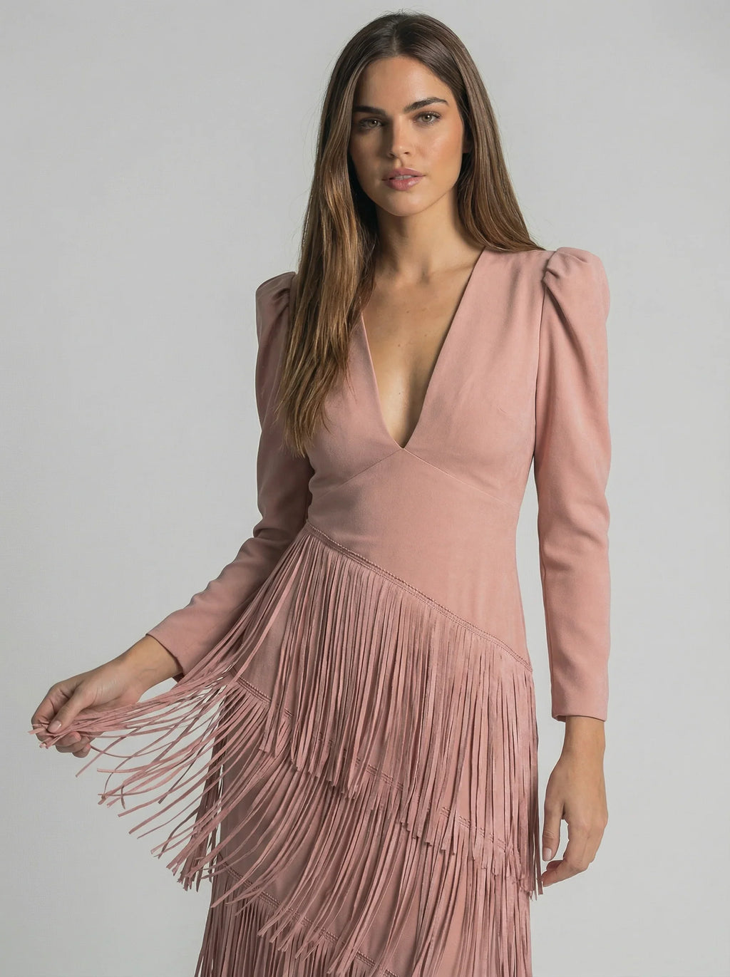 Tansy | Damesjurk met franjes – Elegante midijurk met lange mouwen