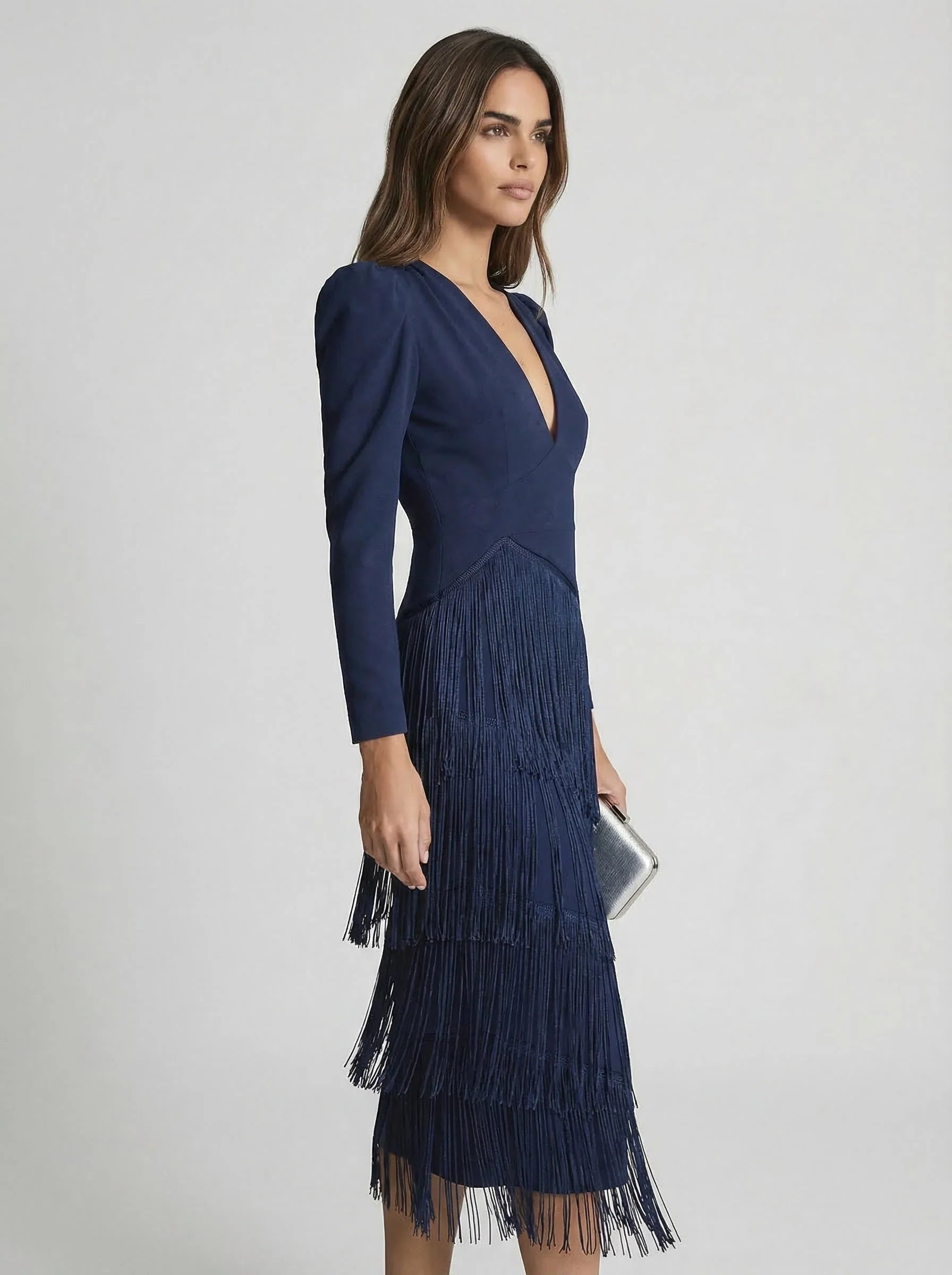 Tansy | Damesjurk met franjes – Elegante midijurk met lange mouwen