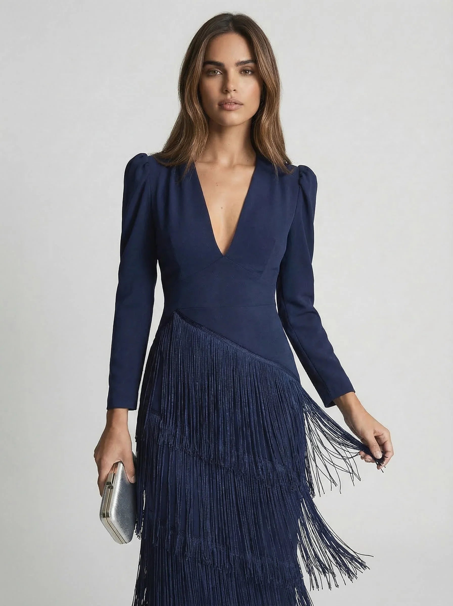 Tansy | Damesjurk met franjes – Elegante midijurk met lange mouwen