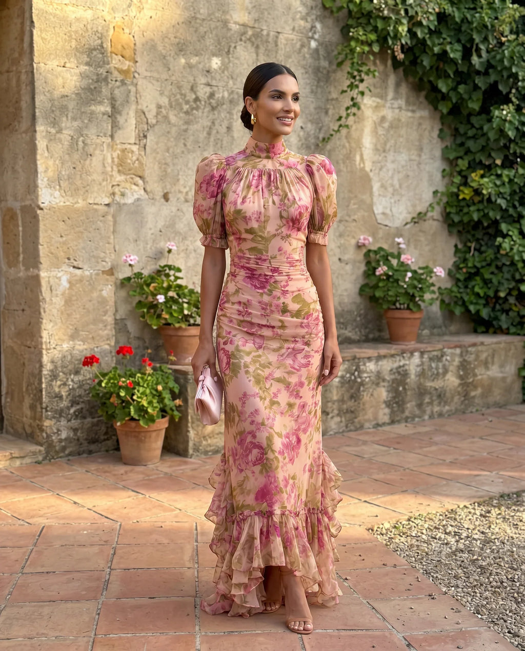 Ariana | Roze chiffonjurk voor dames – bloemenprint, pofmouwen