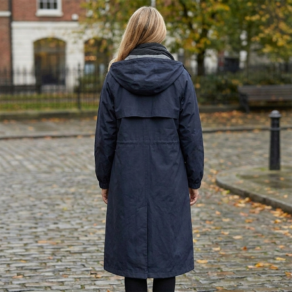 Aliviah | Waterdichte damesjas met capuchon – knopen aan de voorkant, knielengte