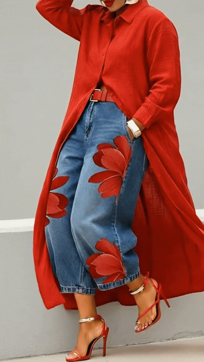 Jessalyn | Damen Zweiteiliges Set – Lange Bluse mit Jeans und Blumenprint