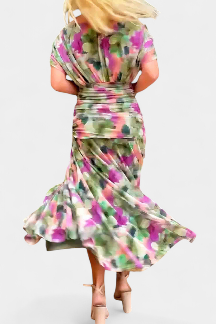 Blair | Geplooide Maxi Jurk voor Dames – Elegante Lange Bloemenjurk met V-Hals