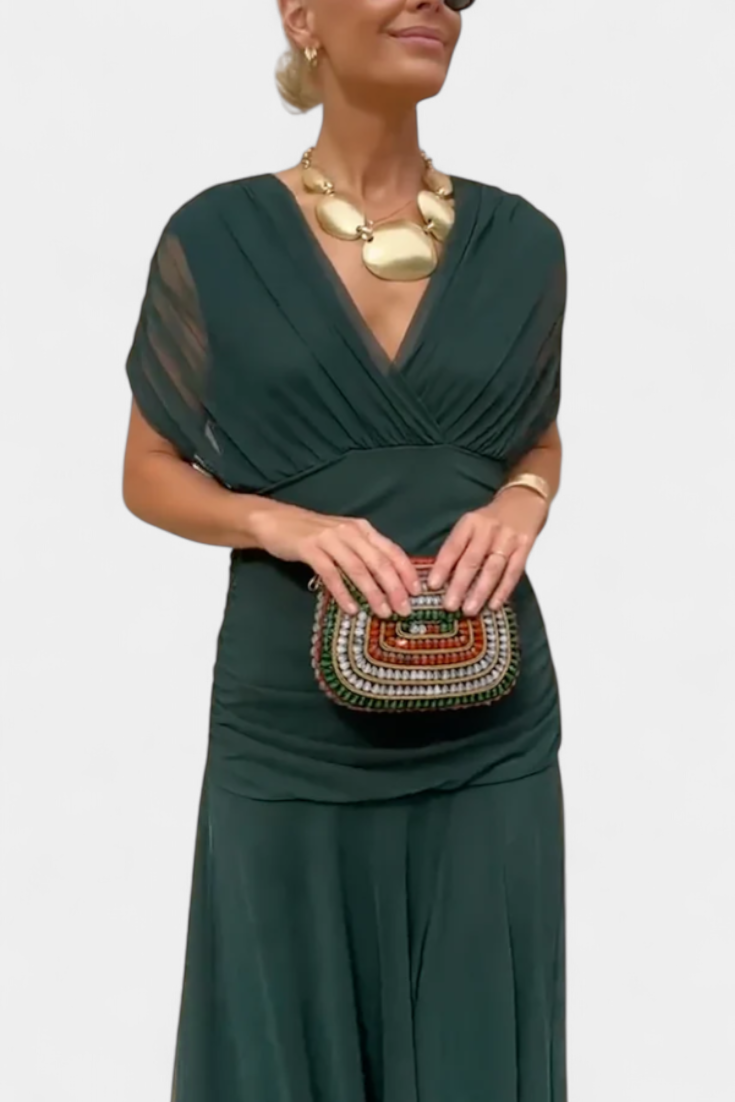 Blair | Geplooide Maxi Jurk voor Dames – Elegante Lange Bloemenjurk met V-Hals
