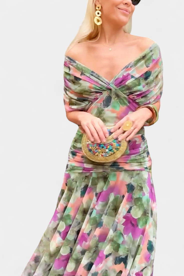 Blair | Geplooide Maxi Jurk voor Dames – Elegante Lange Bloemenjurk met V-Hals