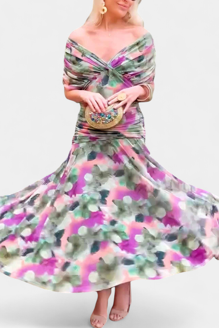 Blair | Geplooide Maxi Jurk voor Dames – Elegante Lange Bloemenjurk met V-Hals
