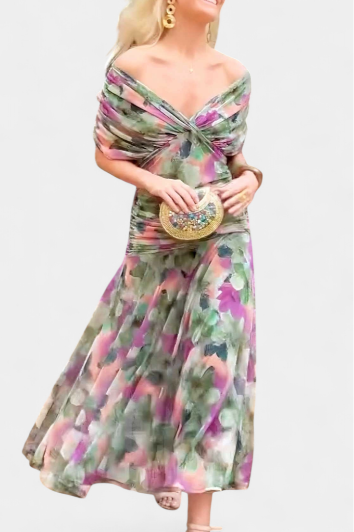 Blair | Geplooide Maxi Jurk voor Dames – Elegante Lange Bloemenjurk met V-Hals