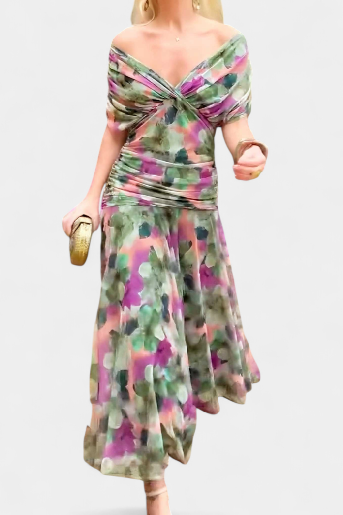 Blair | Geplooide Maxi Jurk voor Dames – Elegante Lange Bloemenjurk met V-Hals