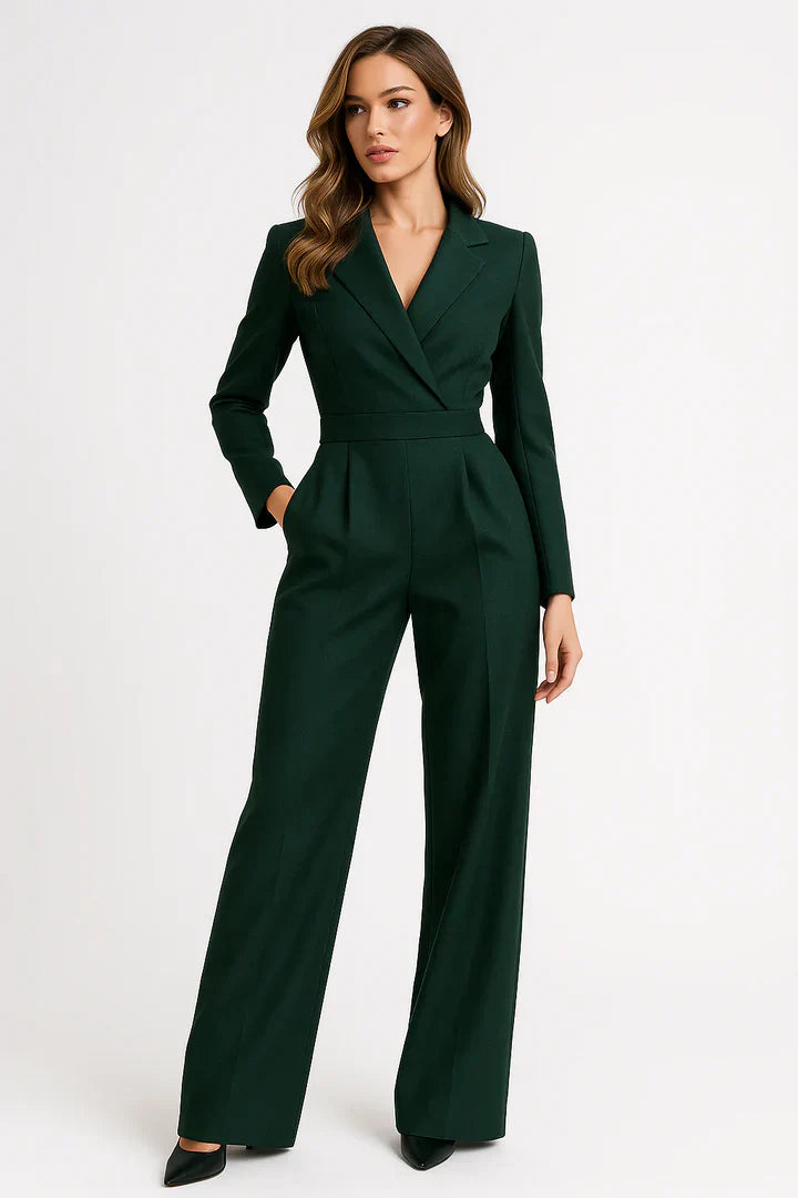 Luxe blazer jumpsuit dames – elegante V-hals jumpsuit met wide-leg pasvorm - Vittoria