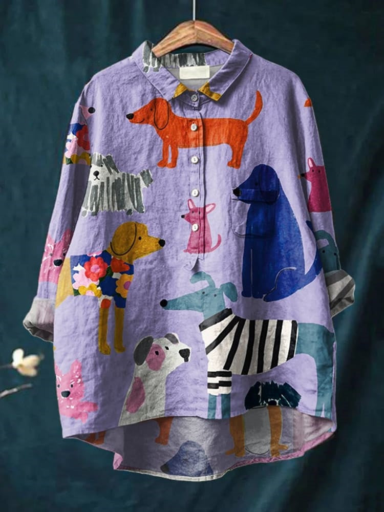 Zarielle | Oversized Dames Blouse – Honden Bedrukt overhemd, Katoen Casual Top