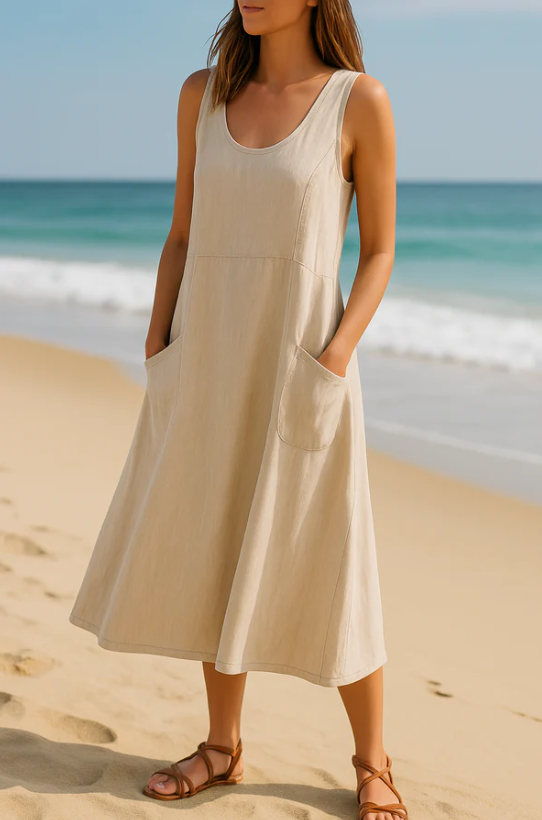 Rilynn | Dames Casual Linnen Jurk – Relaxed Fit Zomerjurk met Praktische Zakken