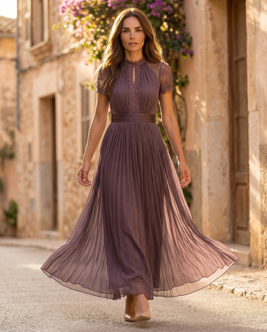 Prairie | Lange paarse chiffonjurk voor dames – Keyhole-halslijn