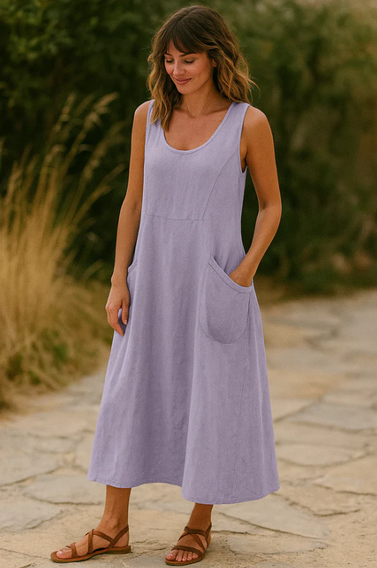 Rilynn | Dames Casual Linnen Jurk – Relaxed Fit Zomerjurk met Praktische Zakken