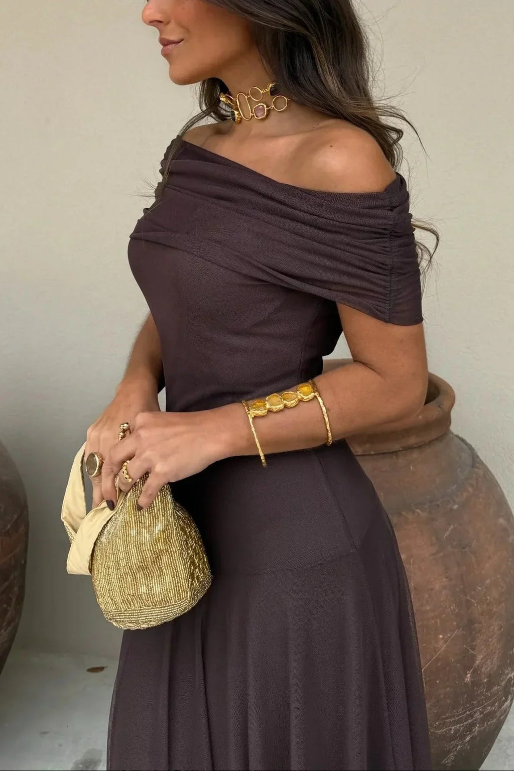 Ariya | Off-Shoulder Maxi Jurk voor Dames – Elegante Lange Jurk met Lange Mouwen