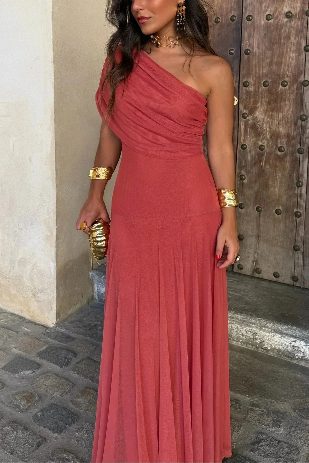 Ariya | Off-Shoulder Maxi Jurk voor Dames – Elegante Lange Jurk met Lange Mouwen