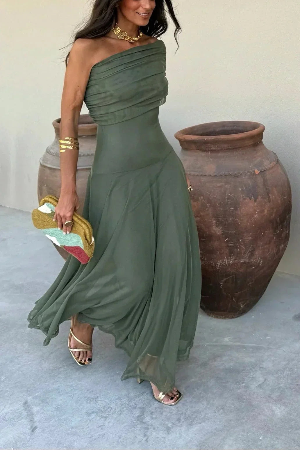 Ariya | Off-Shoulder Maxi Jurk voor Dames – Elegante Lange Jurk met Lange Mouwen