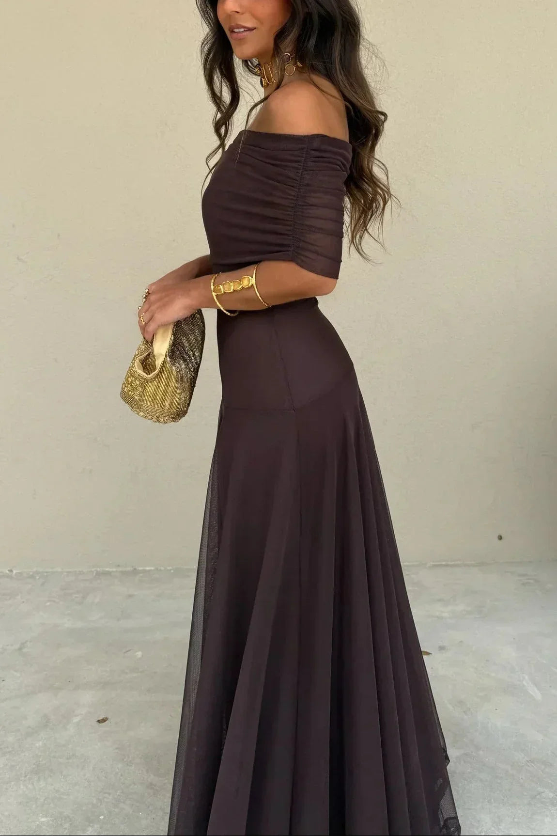 Ariya | Off-Shoulder Maxi Jurk voor Dames – Elegante Lange Jurk met Lange Mouwen