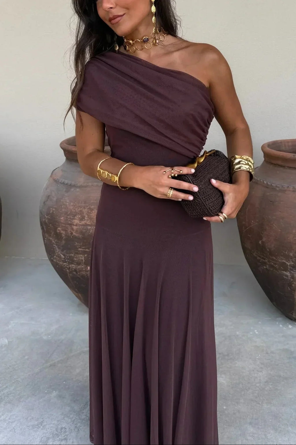Ariya | Off-Shoulder Maxi Jurk voor Dames – Elegante Lange Jurk met Lange Mouwen