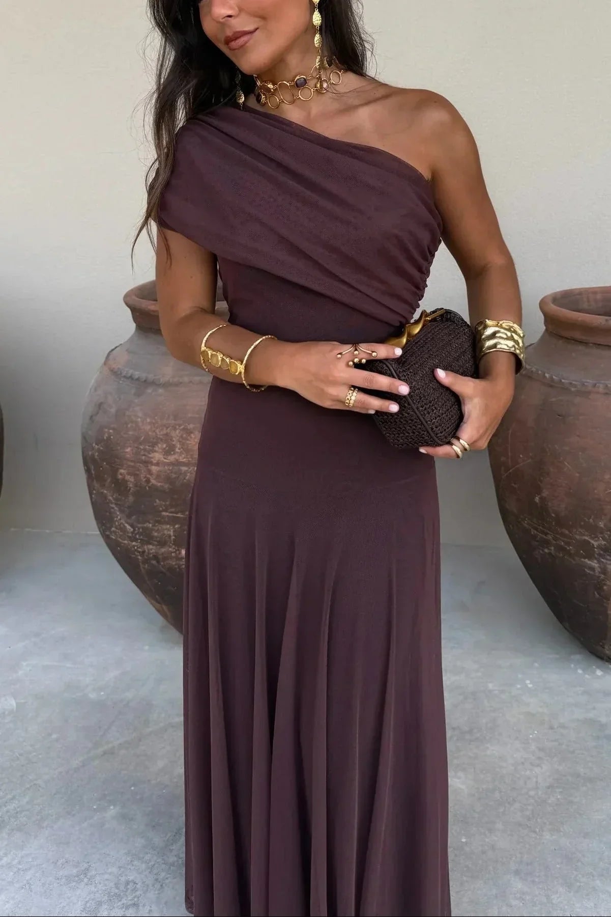 Ariya | Off-Shoulder Maxi Jurk voor Dames – Elegante Lange Jurk met Lange Mouwen