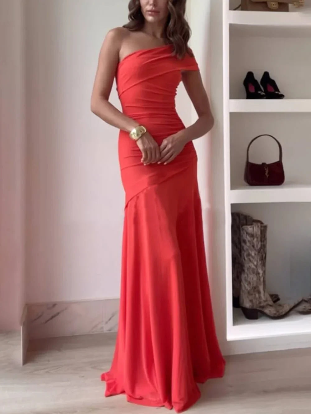 Arwen | Dames Asymmetrische Geplooide Avondjurk – Elegante Maxi Feestjurk