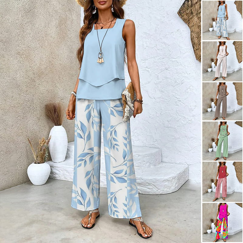Giavanna | Casual set voor dames – Top met print en broek met wijde pijpen
