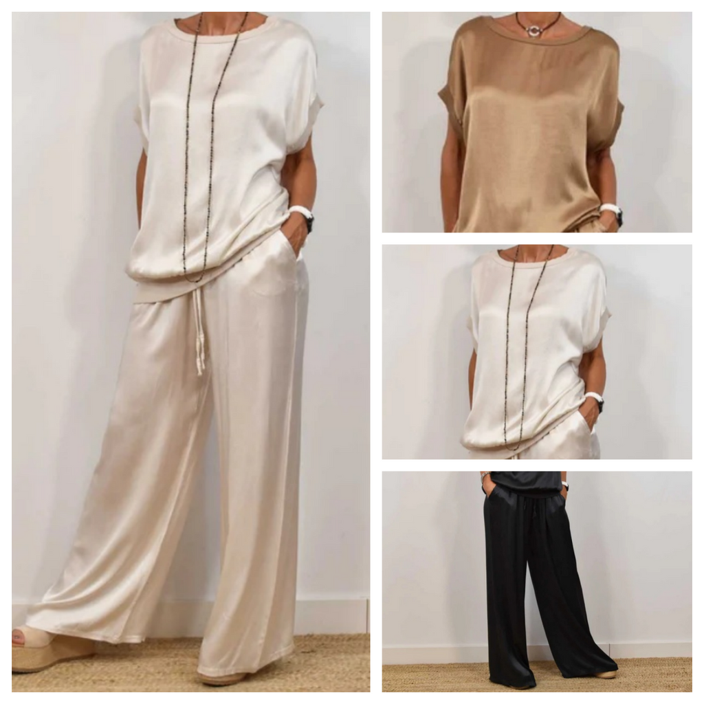 Lilac | Elegante satijnen tweedelige set voor dames – mouwloze top en broek met wijde pijpen