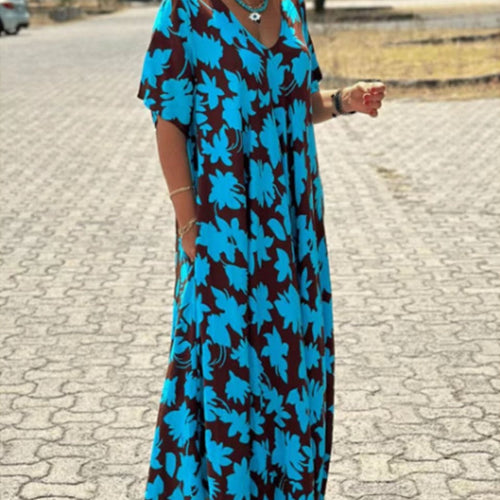 Alara | Dames Maxi-Jurk V-Hals met Print – Elegante Flowy Lange Jurk
