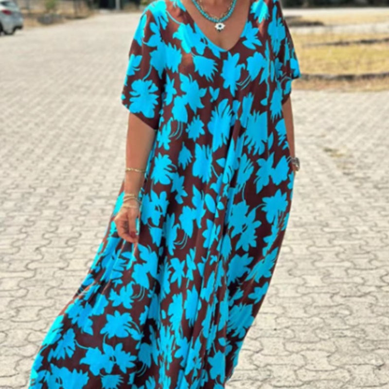 Alara | Dames Maxi-Jurk V-Hals met Print – Elegante Flowy Lange Jurk