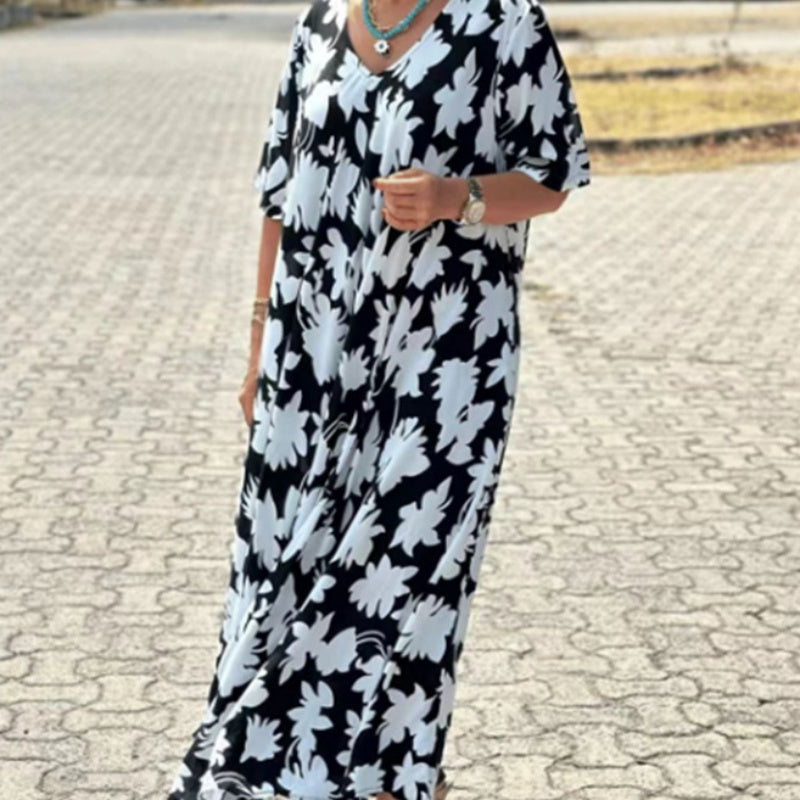 Alara | Dames Maxi-Jurk V-Hals met Print – Elegante Flowy Lange Jurk