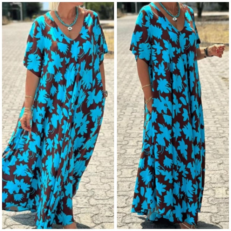 Alara | Dames Maxi-Jurk V-Hals met Print – Elegante Flowy Lange Jurk