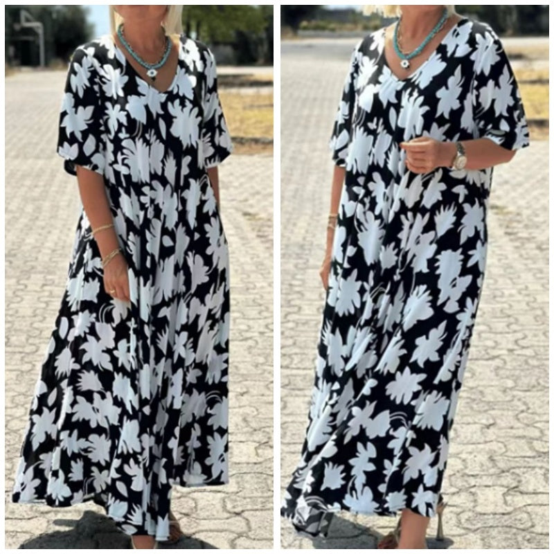Mela | Casual jurk met print en V-hals voor dames – Stijlvolle midi-jurk voor elke dag