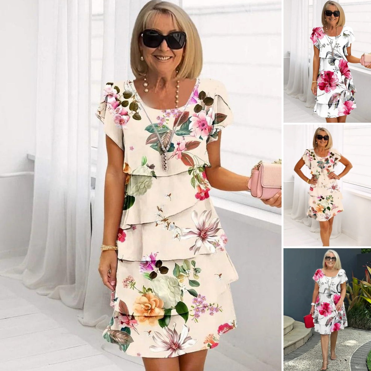 Olivea | Maxi-jurk met bloemenprint voor dames – Elegante jurk met V-hals, ruches en gelaagde rok