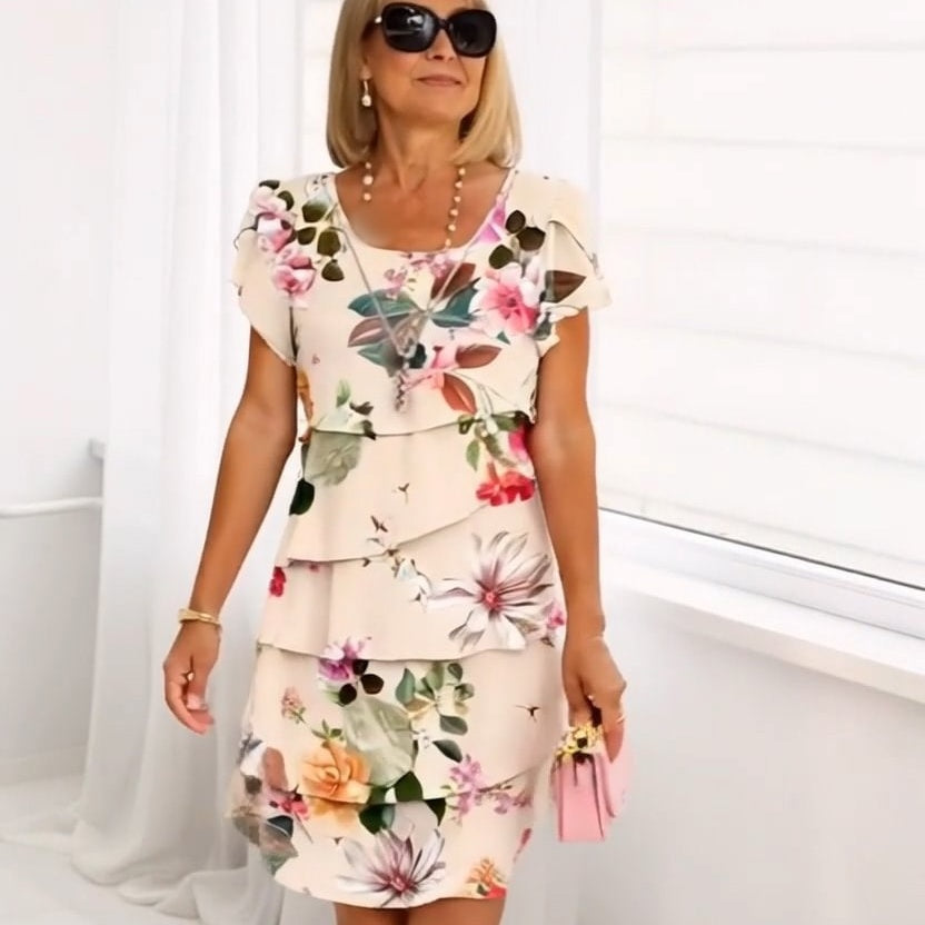 Olivea | Maxi-jurk met bloemenprint voor dames – Elegante jurk met V-hals, ruches en gelaagde rok