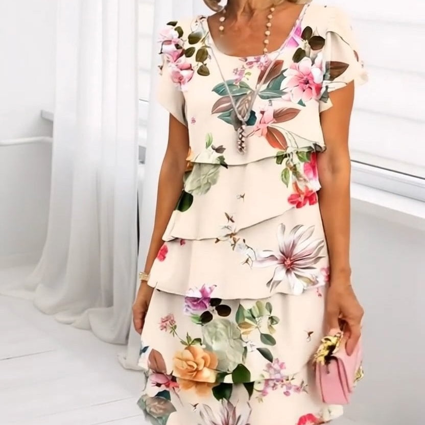 Olivea | Maxi-jurk met bloemenprint voor dames – Elegante jurk met V-hals, ruches en gelaagde rok