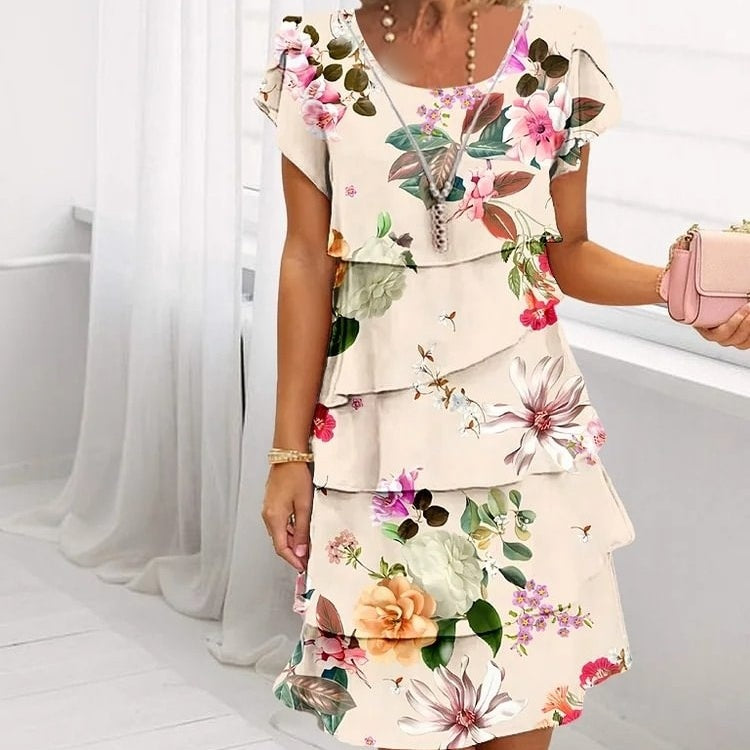 Olivea | Maxi-jurk met bloemenprint voor dames – Elegante jurk met V-hals, ruches en gelaagde rok