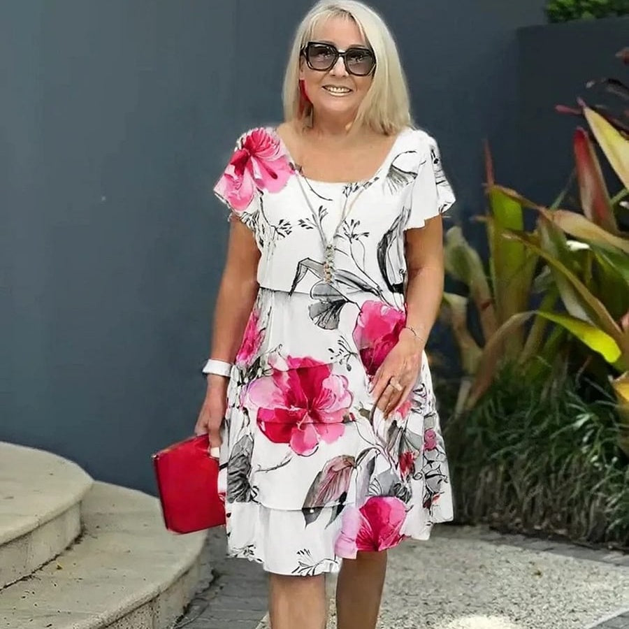 Olivea | Maxi-jurk met bloemenprint voor dames – Elegante jurk met V-hals, ruches en gelaagde rok