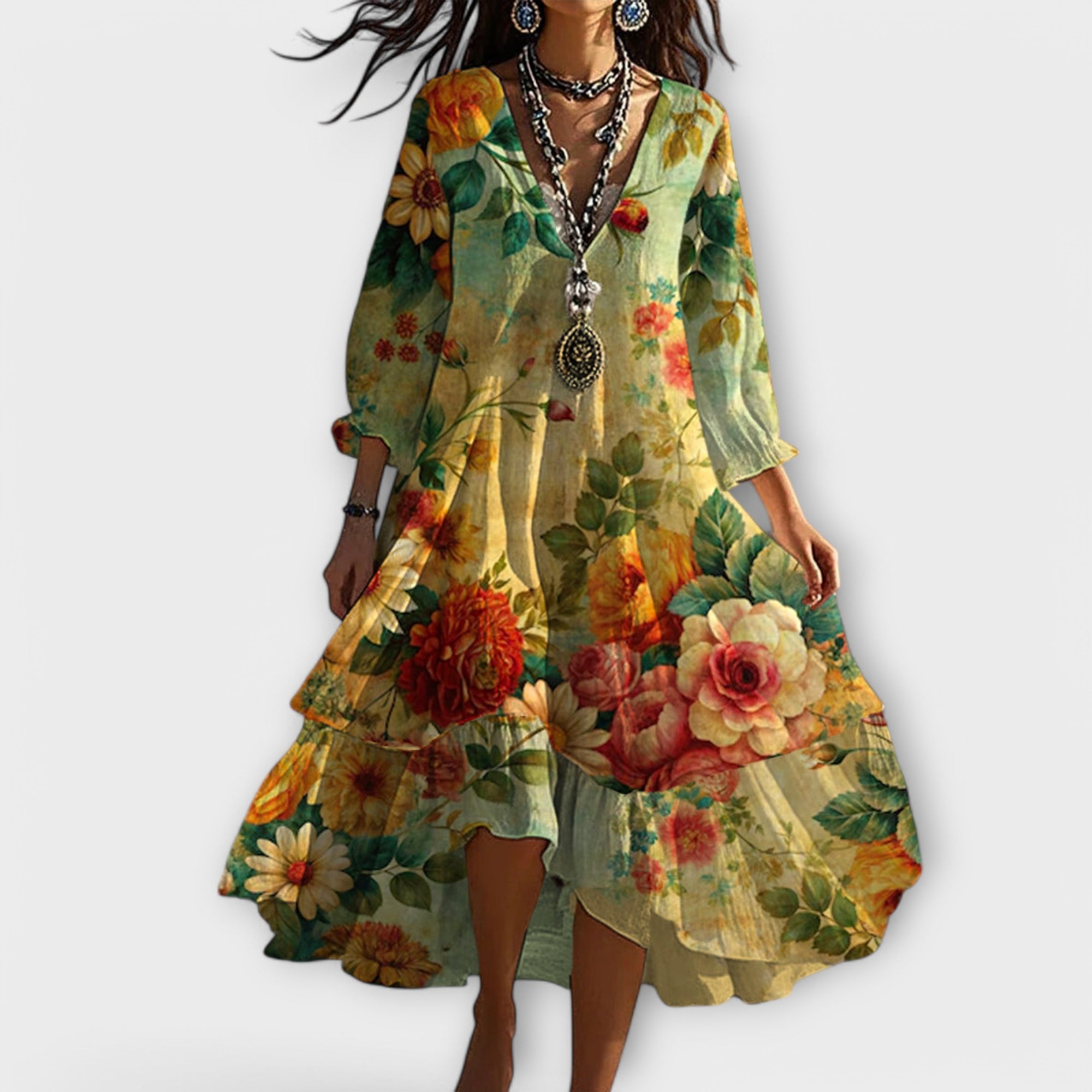 Jirelle | Dames Bohemian Zomerjurk – Vintage V-hals Jurk, Casual Zwierige Midi-jurk