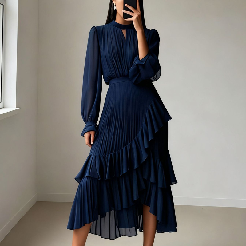 Cadence | Dames A-Lijn Midi Jurk – Elegante Geplooide Jurk met Soepelvallende Pasvorm