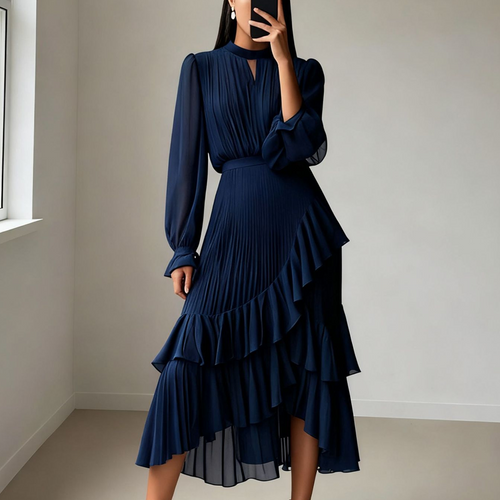 Cadence | Dames A-Lijn Midi Jurk – Elegante Geplooide Jurk met Soepelvallende Pasvorm